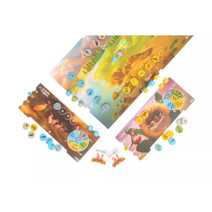 Nestlings board game play area showing biome board, dice, resources and player boards