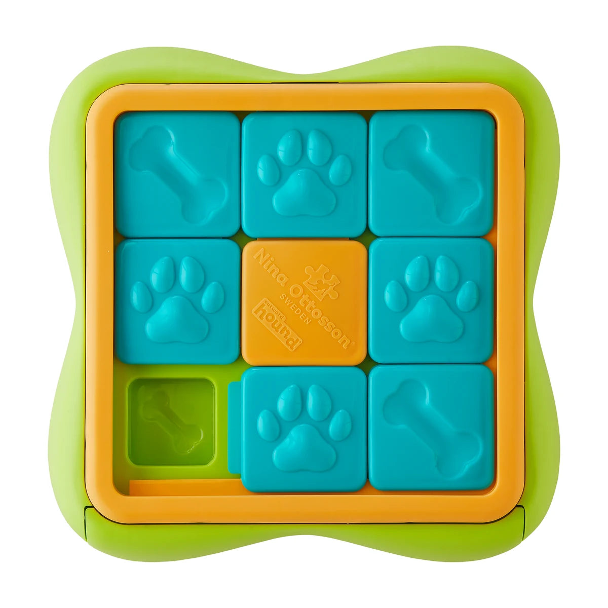 Nina Ottosson Challenge Slider Orange dog puzzle toy with sliding treat tiles
