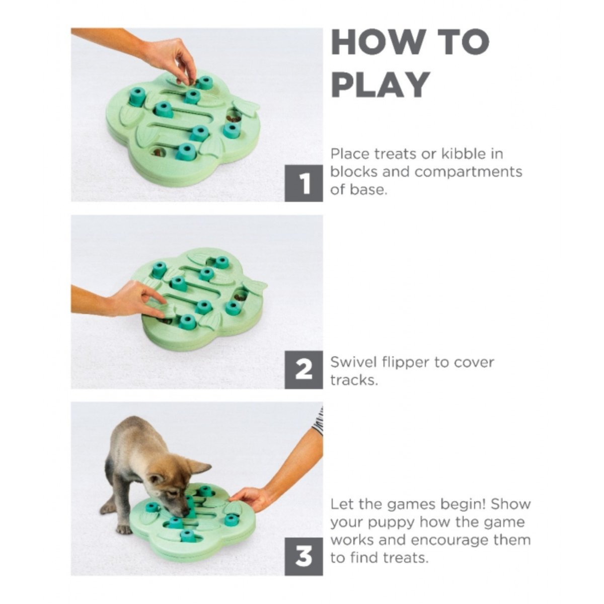 How to play the Nina Ottosson Puppy Hide N' Slide dog puzzle using treats and sliding flippers
