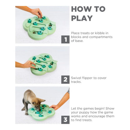 How to play the Nina Ottosson Puppy Hide N' Slide dog puzzle using treats and sliding flippers
