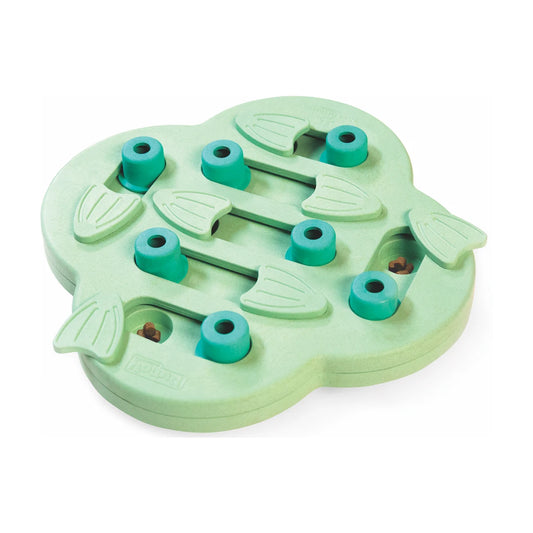 Green Nina Ottosson Puppy Hide N' Slide dog treat puzzle with treats hidden in compartments