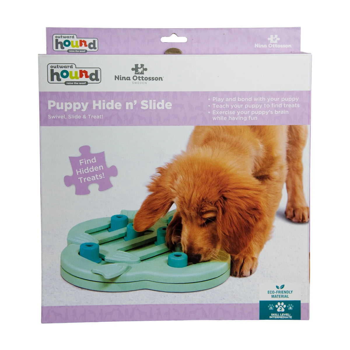 Nina Ottosson Puppy Hide N' Slide green interactive dog puzzle toy in retail packaging