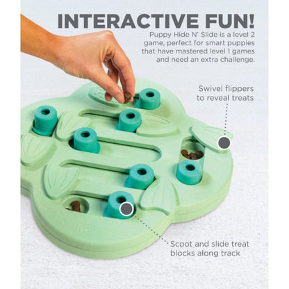 Nina Ottosson Puppy Hide N' Slide Level 2 puzzle showing swivelling flippers and sliding treat blocks