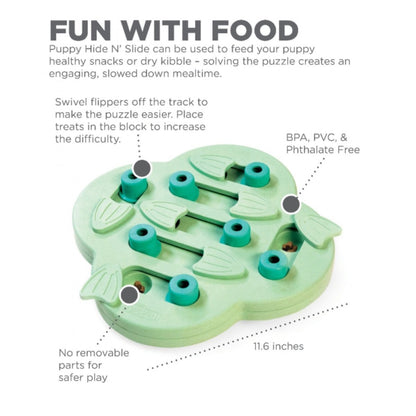 Nina Ottosson Puppy Hide N' Slide dog puzzle showing treat compartments, non-removable parts and 11.6 inch size