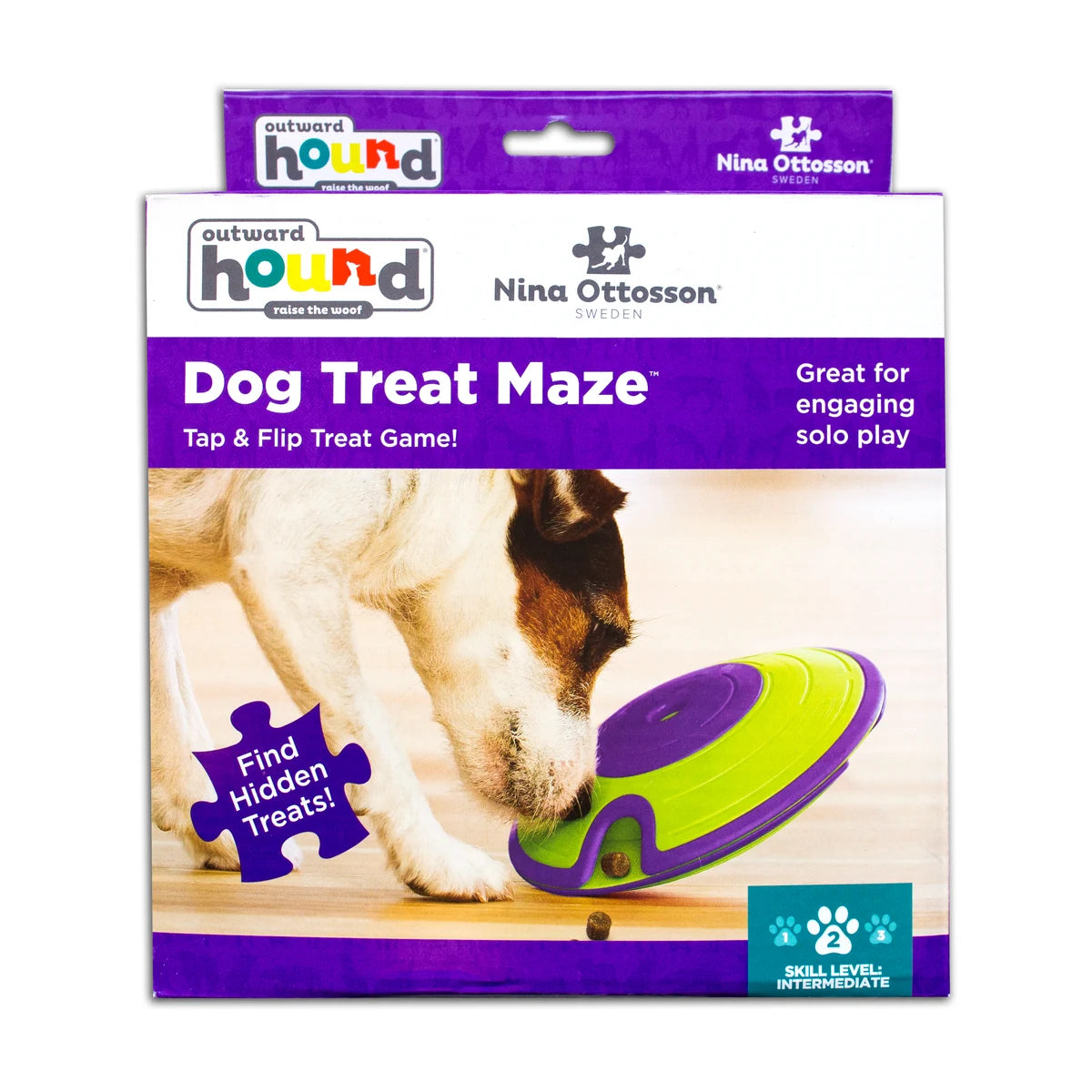 Nina Ottosson Treat Maze Level 2 interactive dog puzzle in green and purple packaging