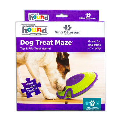 Nina Ottosson Treat Maze Level 2 interactive dog puzzle in green and purple packaging