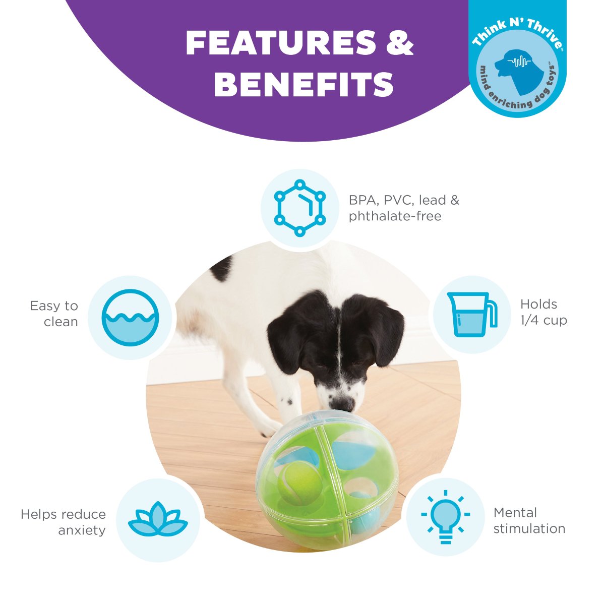 Nina Ottosson A-Maze Ball features and benefits showing Level 2 dog puzzle toy for mental stimulation and easy cleaning