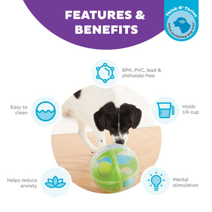 Nina Ottosson A-Maze Ball features and benefits showing Level 2 dog puzzle toy for mental stimulation and easy cleaning
