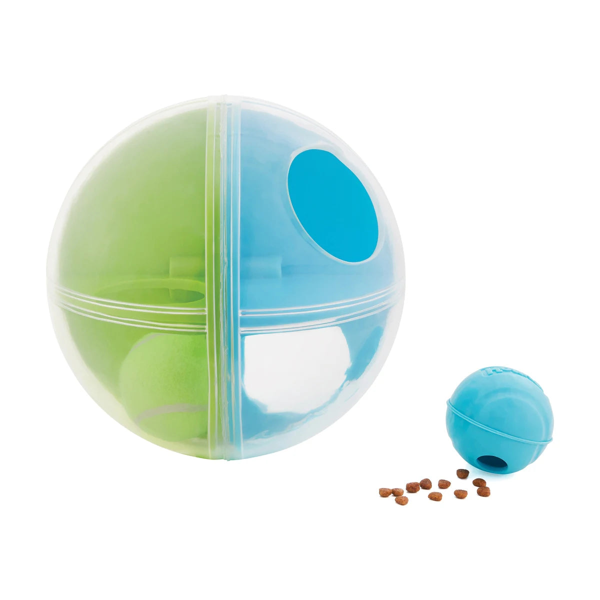 Nina Ottosson A-Maze Ball with blue treat stuffer ball and kibble for interactive dog enrichment play