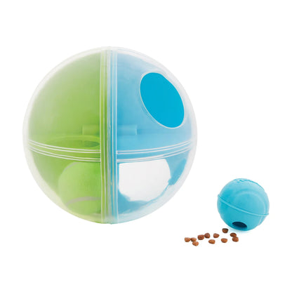 Nina Ottosson A-Maze Ball with blue treat stuffer ball and kibble for interactive dog enrichment play