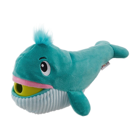 Nina Ottosson Big Mouthz whale plush dog puzzle with hidden treat ball for sniff and search play