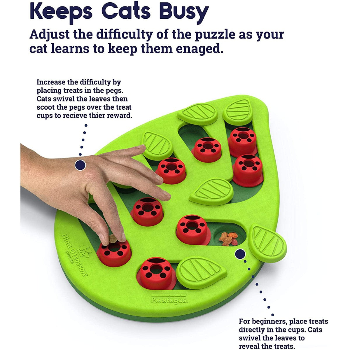 Nina Ottosson Buggin Out Puzzle and Play showing movable leaves and treat pegs for cat foraging