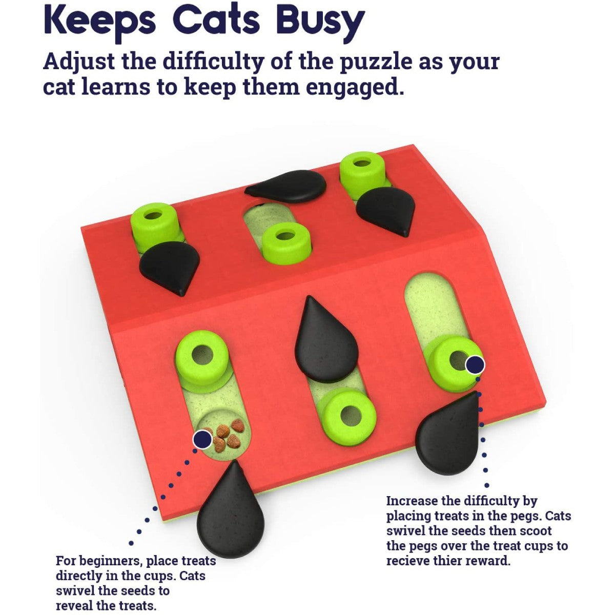 Nina Ottosson Cat Melon Madness Puzzle and Play showing adjustable difficulty and hidden treat cups