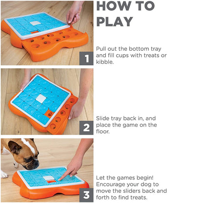 How to play steps for Nina Ottosson Challenge Slider dog treat puzzle