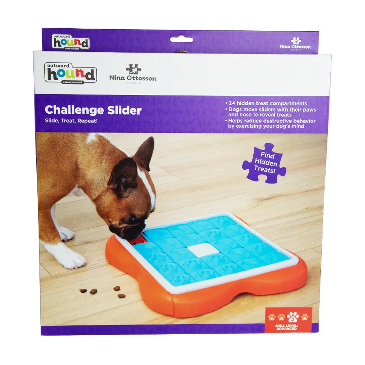 Nina Ottosson Challenge Slider packaging showing Level 3 advanced dog puzzle