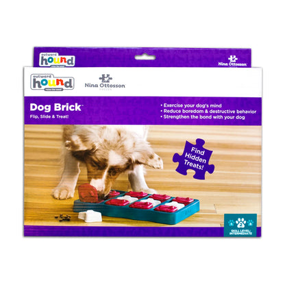 Nina Ottosson Dog Brick Blue packaging showing Level 2 intermediate skill level and treat puzzle benefits
