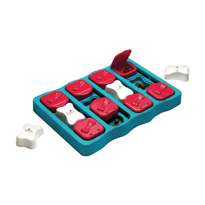 Nina Ottosson Dog Brick Blue Level 2 dog puzzle toy studio product image with sliders and bone covers
