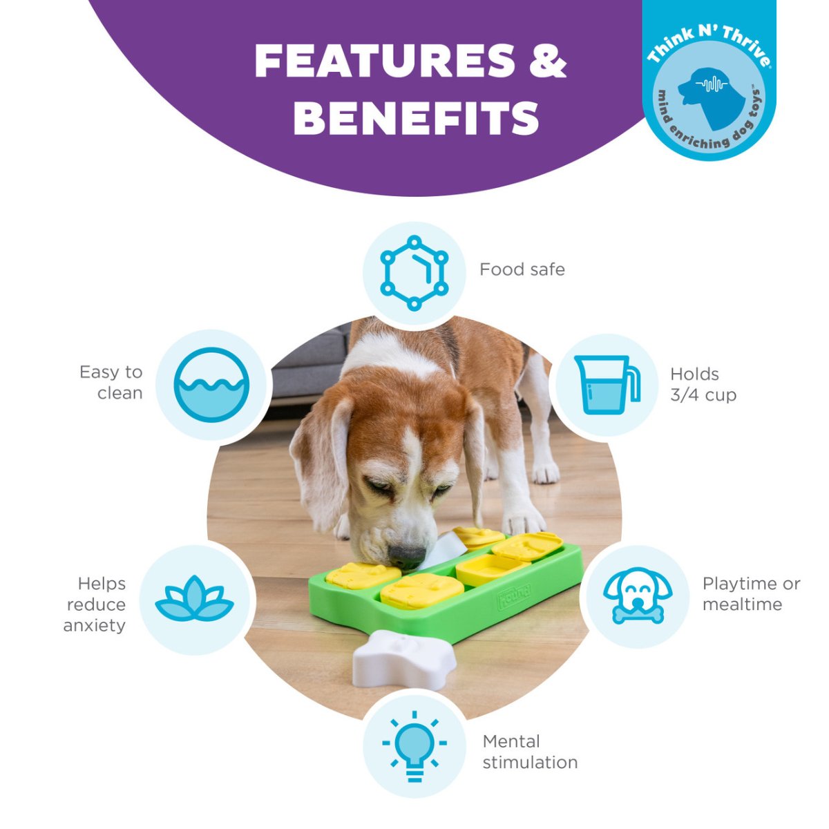 Nina Ottosson Dog Brick Green features and benefits showing food safe Level 2 dog enrichment puzzle