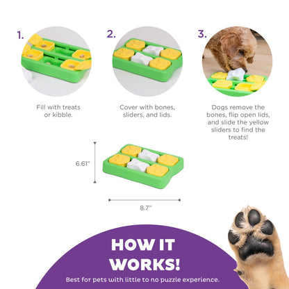 Nina Ottosson Dog Brick Green how it works guide with dimensions and treat hiding steps