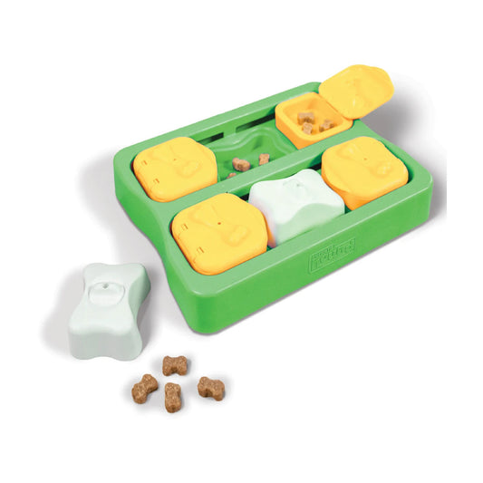 Nina Ottosson Dog Brick Green Level 2 interactive dog puzzle toy with treat compartments and bone covers