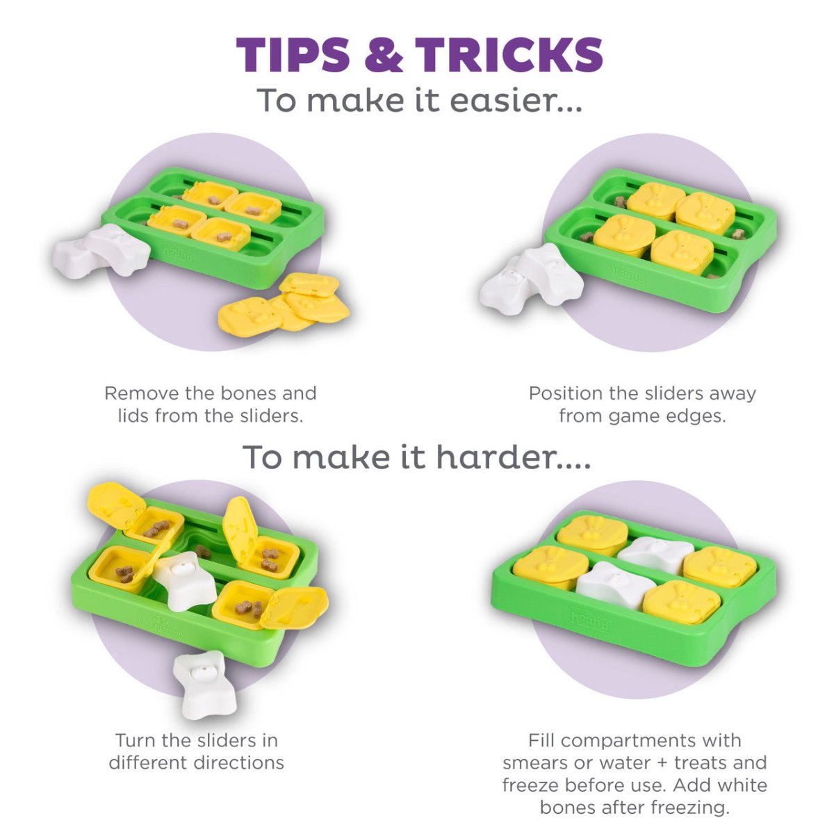 Nina Ottosson Dog Brick Green tips showing easier and harder ways to set up the Level 2 dog puzzle