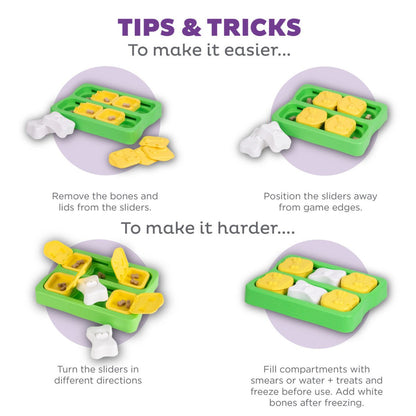 Nina Ottosson Dog Brick Green tips showing easier and harder ways to set up the Level 2 dog puzzle