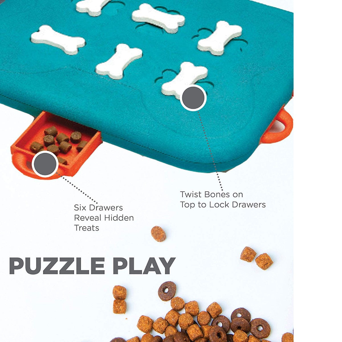 How the Nina Ottosson Dog Casino works with locking bones on top and drawers that reveal treats
