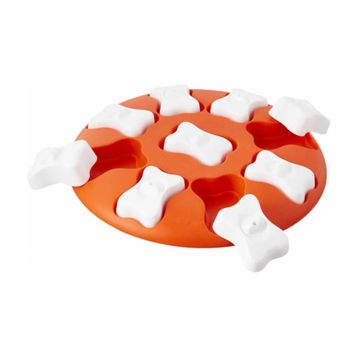 Nina Ottosson Dog Smart Level 1 puzzle toy with orange base and white bones
