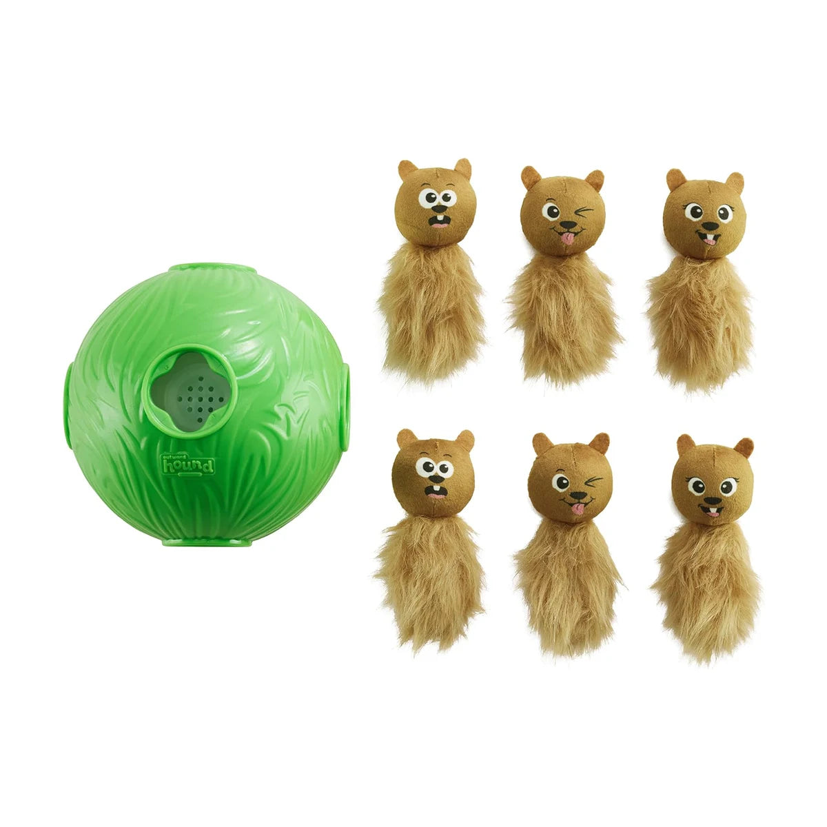 Nina Ottosson Dog Snuffle ’n Treat Ball with green treat puzzle ball and six plush chipmunks for dog enrichment play