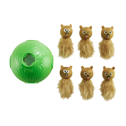 Nina Ottosson Dog Snuffle ’n Treat Ball with green treat puzzle ball and six plush chipmunks for dog enrichment play