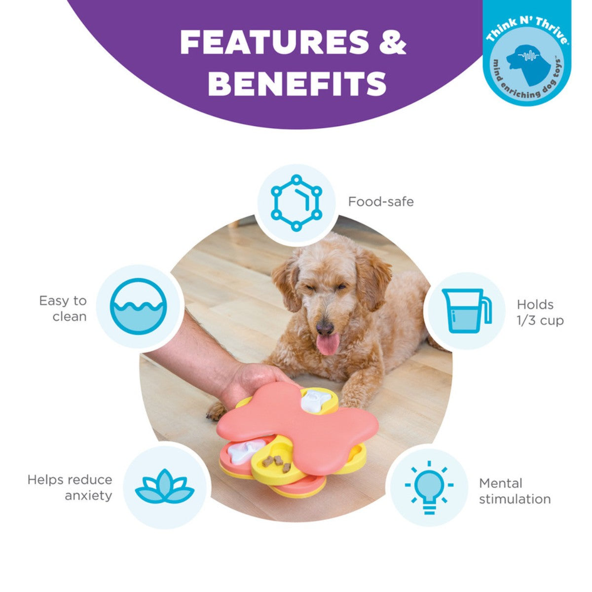 Nina Ottosson Dog Tornado Small dog puzzle showing food safe design easy cleaning and mental stimulation benefits