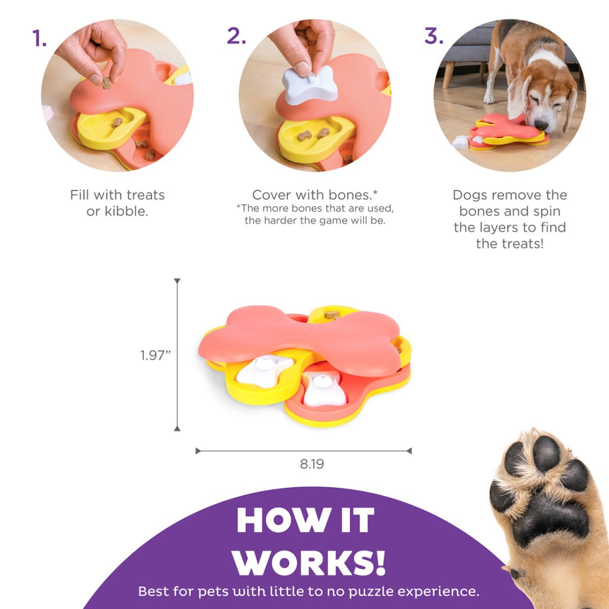 How Nina Ottosson Dog Tornado Small works with treat compartments bone covers and size guide for dog enrichment play