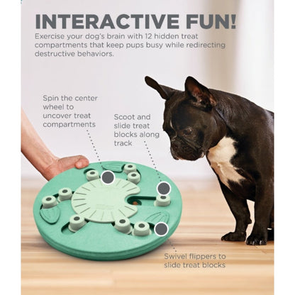 Nina Ottosson Dog Worker Green interactive dog puzzle showing spin wheel, sliding blocks and swivel flippers