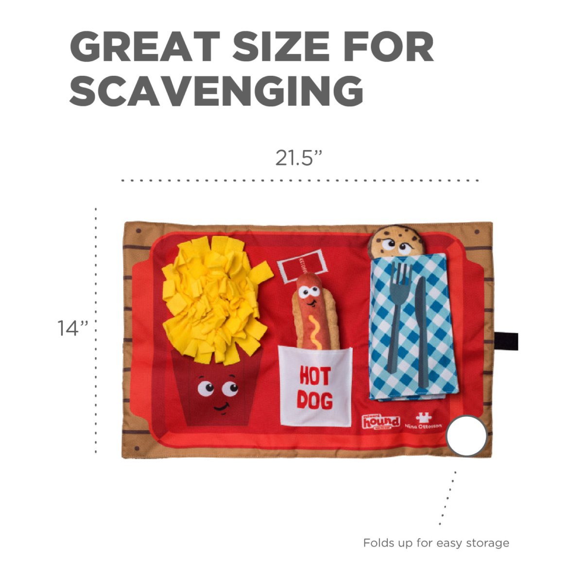 Nina Ottosson Fast Food Fun dog activity mat showing 21.5 inch by 14 inch size and foldable storage feature
