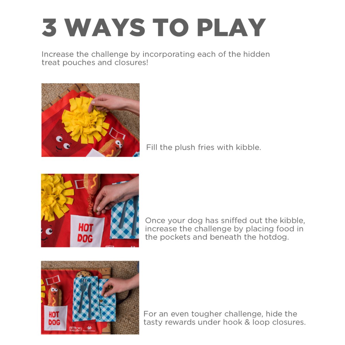 Nina Ottosson Fast Food Fun activity mat showing three ways to hide treats in plush fries, pockets and closures
