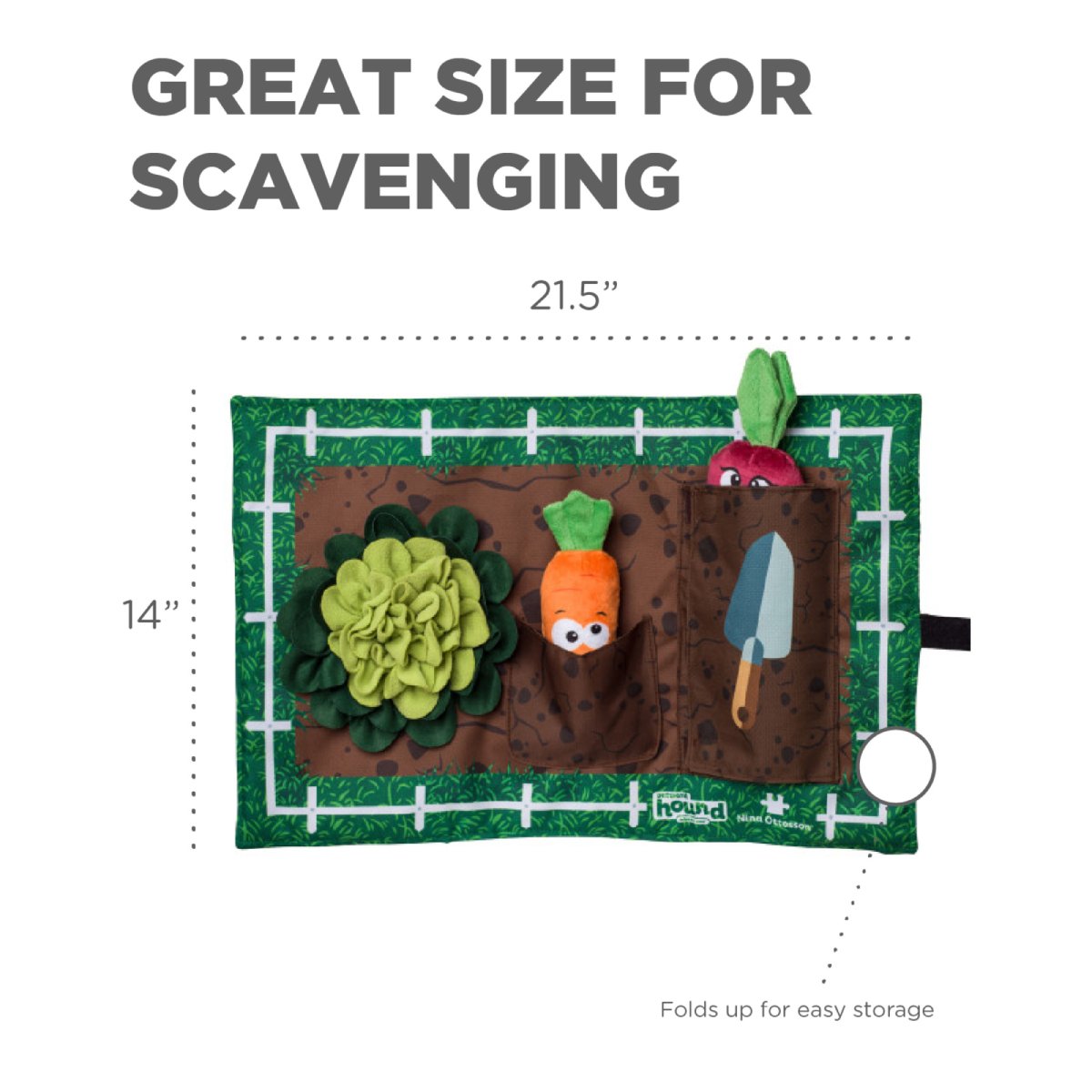 Nina Ottosson Garden Game dog activity mat showing 21.5 inch by 14 inch size and foldable storage feature