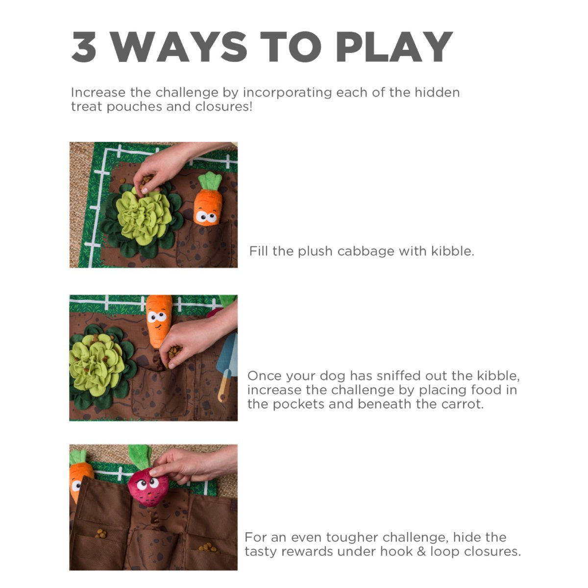 Nina Ottosson Garden Game activity mat showing three ways to hide treats in plush cabbage, pockets and closures