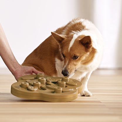 Dog using Nina Ottosson Hide n Slide composite puzzle to find hidden treats