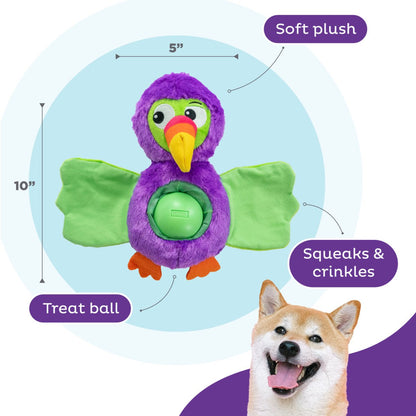 Nina Ottosson Hide-Ablez Toucan dog toy features with soft plush, treat ball, squeaks and crinkles