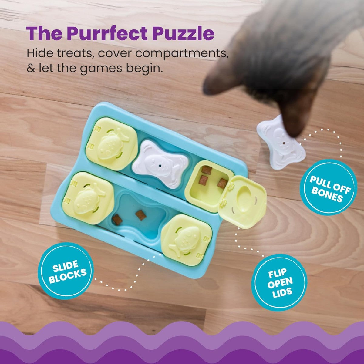 Nina Ottosson Kitty Cube showing flip lids sliding blocks and pull off bone pieces for cat enrichment