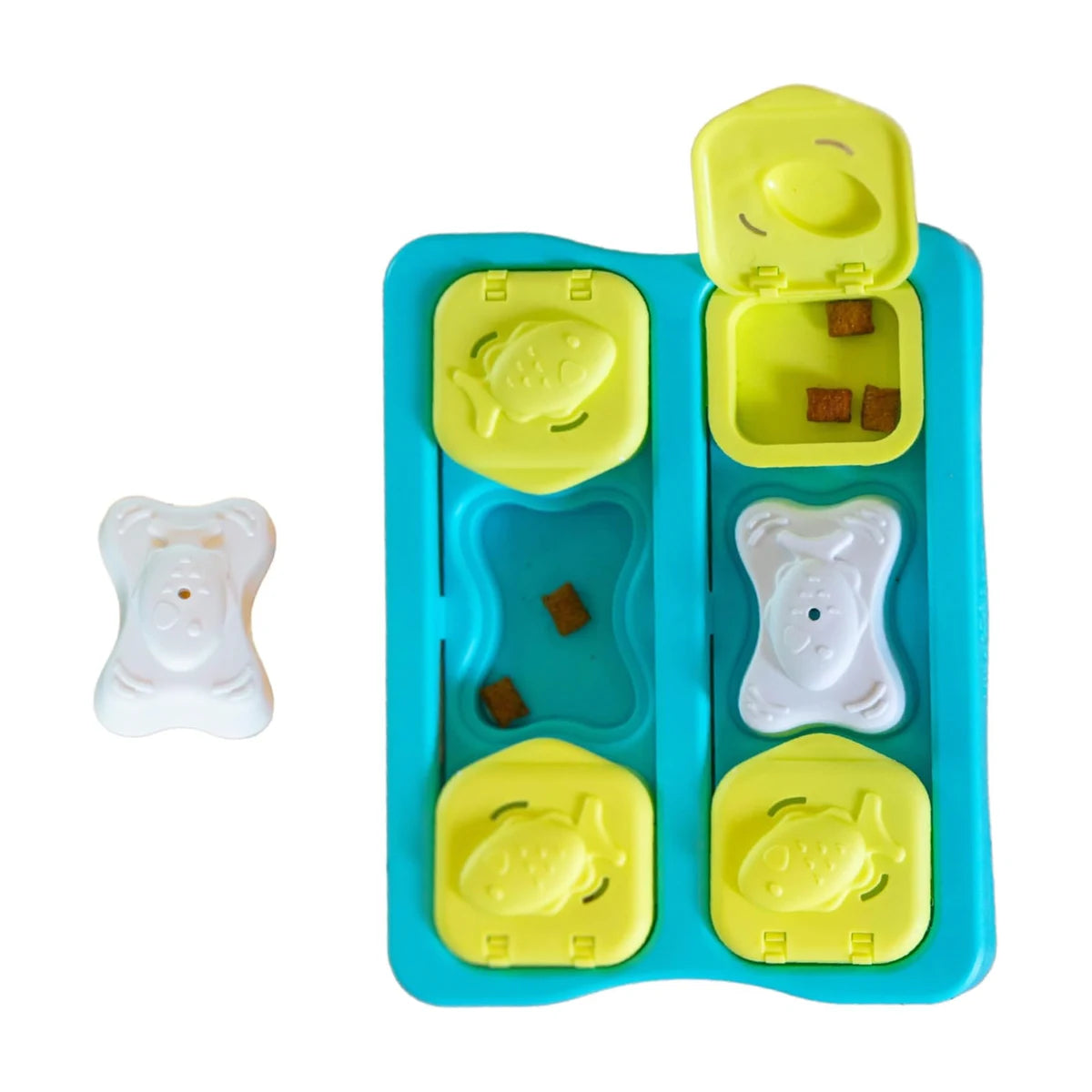 Nina Ottosson Kitty Cube cat puzzle feeder open with flip lids sliding sections and treat cups