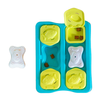Nina Ottosson Kitty Cube cat puzzle feeder open with flip lids sliding sections and treat cups