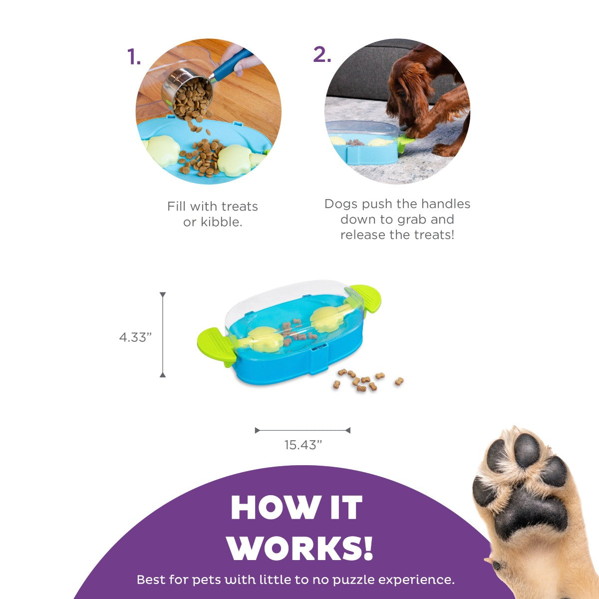 How to use Nina Ottosson Paw N Play Level 2 dog puzzle showing treat filling, handle action and size