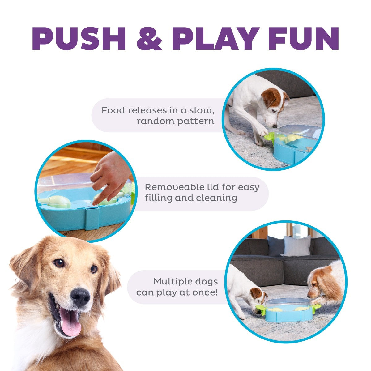 Nina Ottosson Paw N Play Level 2 dog puzzle showing slow treat release removable lid and multi dog use