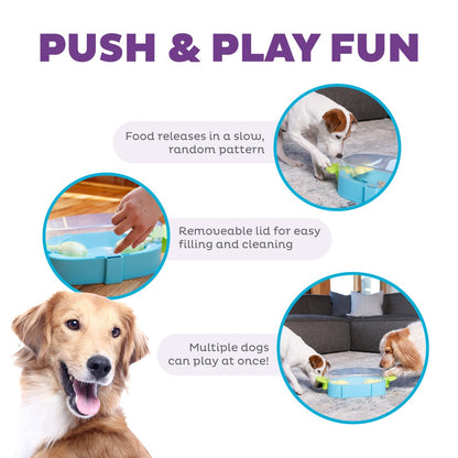 Nina Ottosson Paw N Play Level 2 dog puzzle showing slow treat release removable lid and multi dog use