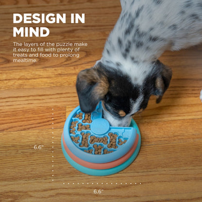 Nina Ottosson Puppy Lickin' Layers dog puzzle feeder showing 6.6 inch size and how puppies spin layers to find food or treats
