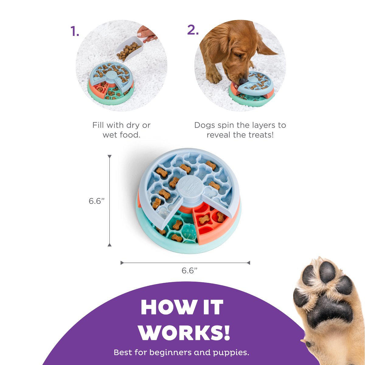 How the Nina Ottosson Puppy Lickin' Layers dog puzzle feeder works with food hidden in spinning layers
