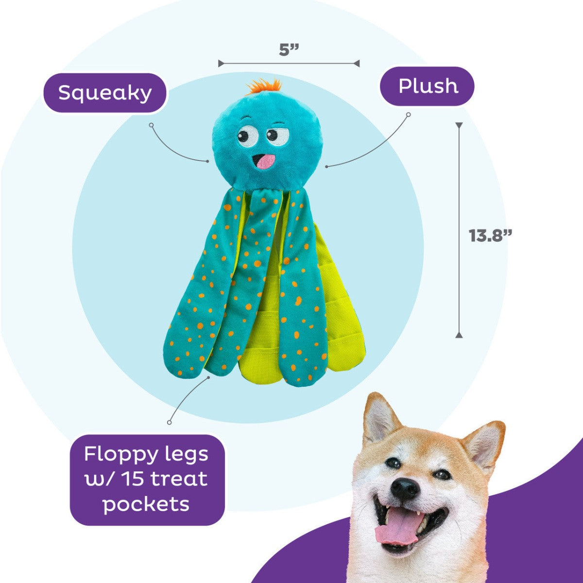Nina Ottosson Silly Legz Octopus blue plush dog puzzle showing size squeaker and treat pocket legs