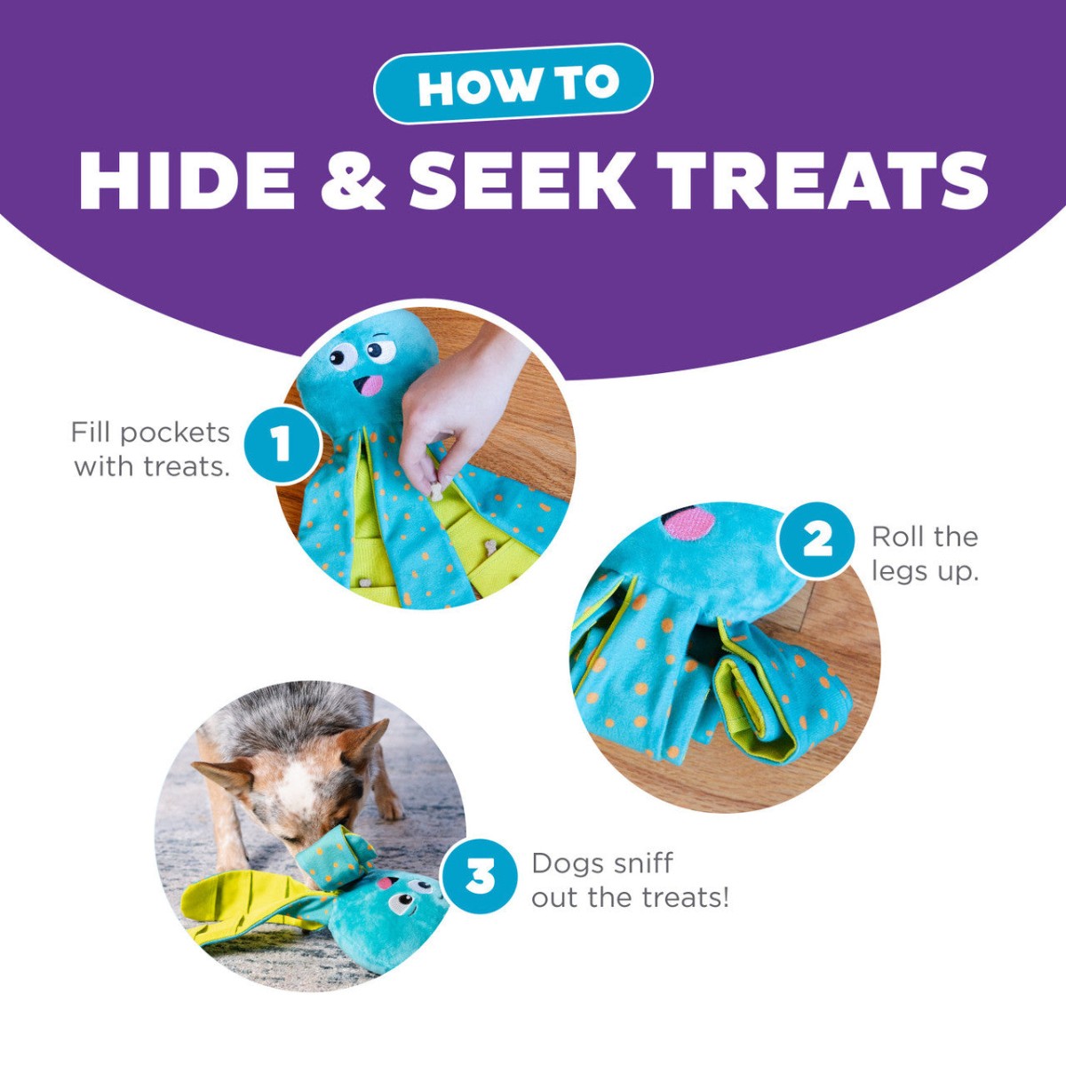 How to use Nina Ottosson Silly Legz Octopus by hiding treats in the leg pockets and rolling them up