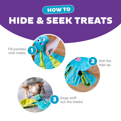 How to use Nina Ottosson Silly Legz Octopus by hiding treats in the leg pockets and rolling them up